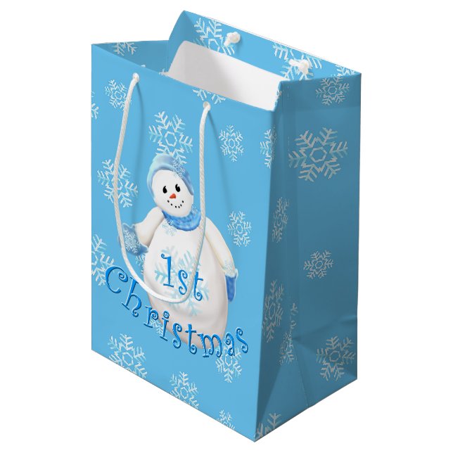 Sac Cadeau Moyen ęr Bonhomme de neige et flocons de neige de Noël (Devant Angle)
