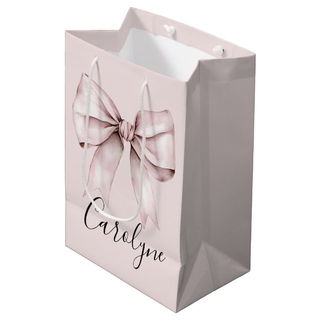 Sac Cadeau Moyen esthétique de noeud rose coquette Nom personnalisé (Devant Angle)