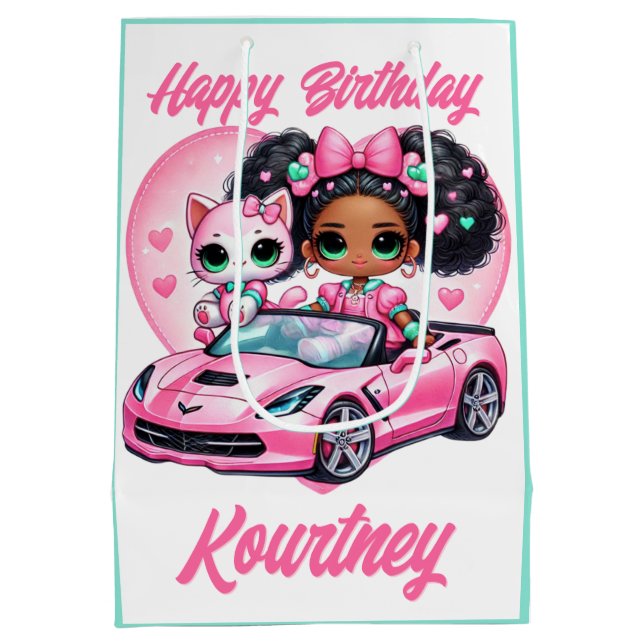 Sac Cadeau Moyen Ethnic Girl & Cat Pink Coeur convertible (Dos)