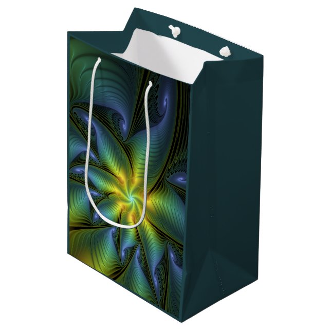Sac Cadeau Moyen Etoile Abstraite, Bleu brillant Vert Or Fractal Ar (Devant Angle)