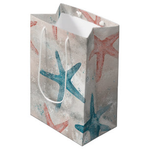 Sac Cadeau Moyen Étoile de mer côtière sur motif de vagues de sable
