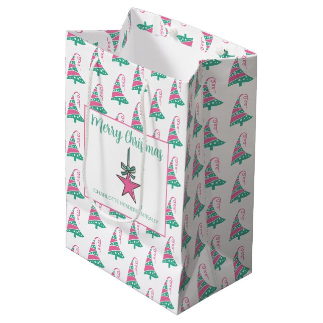 Sac Cadeau Moyen Étoile de sapin de Noël rose et vert moderne (Devant Angle)