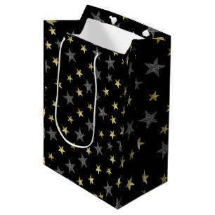 Sac Cadeau Moyen Étoiles Argent & Or Fête des Stars Noire Hollywood