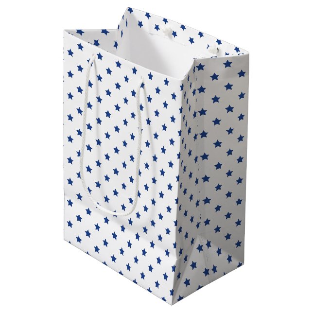 Sac Cadeau Moyen Étoiles Classiques Véritable Bleu - Blanc (Devant Angle)