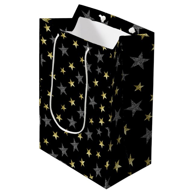 Sac Cadeau Moyen Étoiles d'argent et d'or Black Hollywood Star Part (Devant Angle)