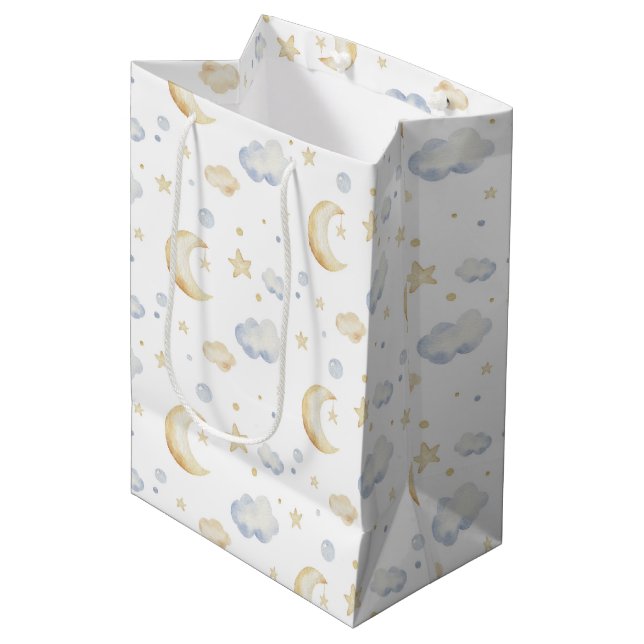 Sac Cadeau Moyen Etoiles de lune d'aquarelle et Motif de nuage (Devant Angle)
