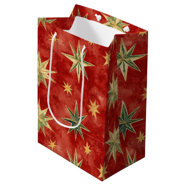 Sac Cadeau Moyen Étoiles de Noël Rouge Vert Or (Devant Angle)