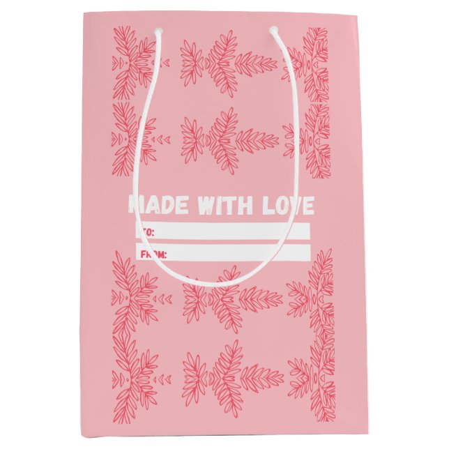 Sac Cadeau Moyen Fabriqué avec amour avec motif floral pêche (Devant)