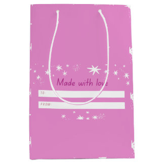 Sac Cadeau Moyen Fabriqué avec amour rose & étoiles