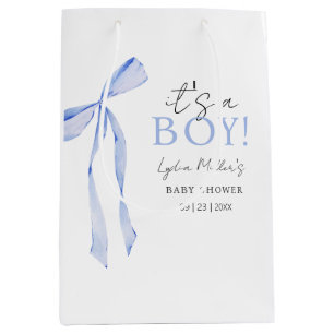 Sac Cadeau Moyen Faire-part de Baby Shower avec un Nœud Bleu, Invit