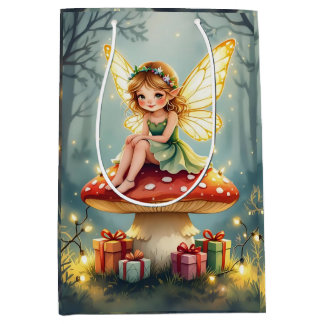 Sac Cadeau Moyen Fairy on a Mushroom in Enchanted Forest Christmas