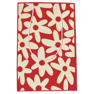 Sac Cadeau Moyen Faisées rétros Motif Floral Rouge et Crème