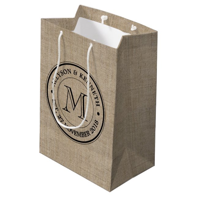 Sac Cadeau Moyen Faites votre propre Burlap Retro Logo Monogramme (Dos Angle)