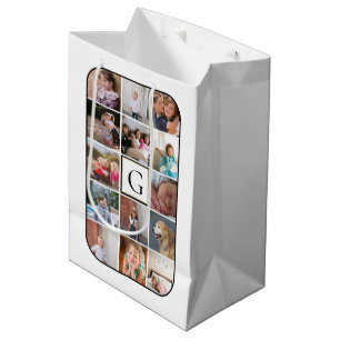 Sac Cadeau Moyen Faites votre propre photo collage, monogramme blan