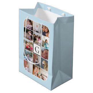 Sac Cadeau Moyen Faites votre propre photo collage, monogramme bleu