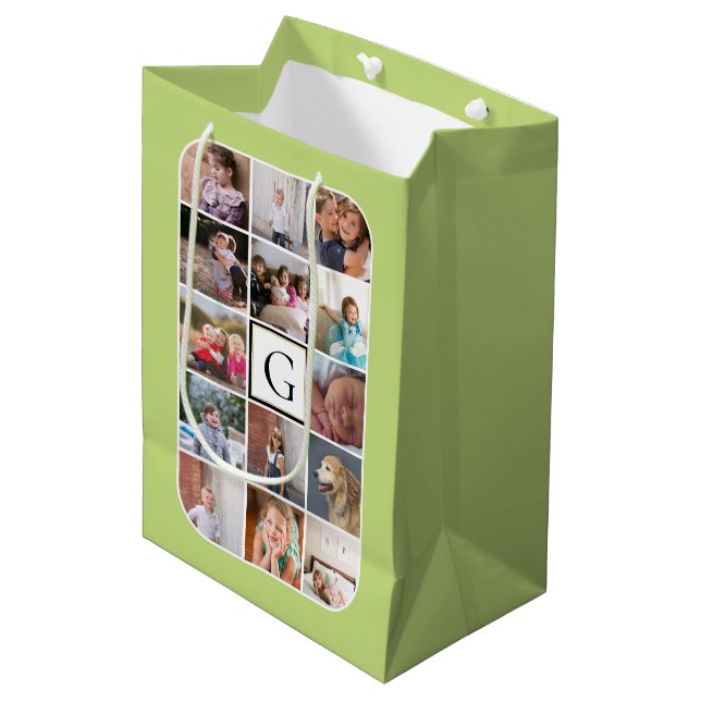 Sac Cadeau Moyen Faites votre propre photo collage, monogramme vert (Devant Angle)