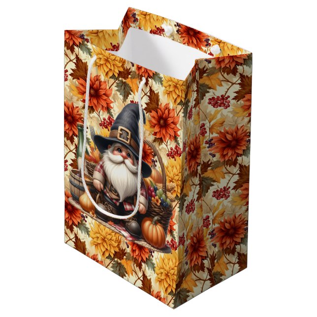 Sac Cadeau Moyen Fall Orange Flowers With Thanksgiving Gnome (Devant Angle)