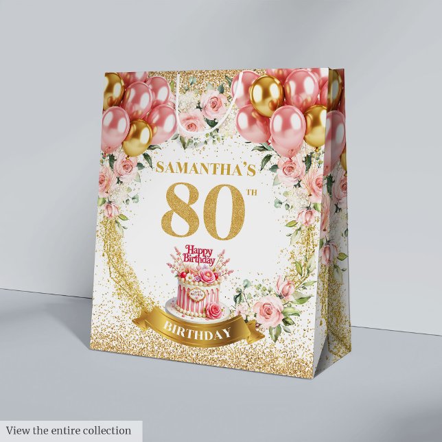 Sac Cadeau Moyen Fancy Gold Numéro 80e anniversaire Blush Floral Ca (Fancy Gold Number 80th Birthday Blush Floral Gift Medium Gift Bag)
