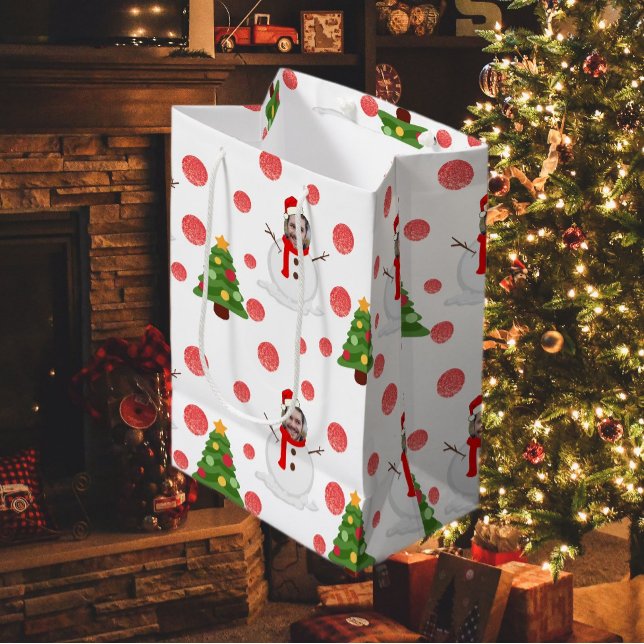 Sac Cadeau Moyen Fantaisie Photo Face Blanc Rouge Vert Neige Noël (Funny Photo Face White Red Green Snowman Xmas Medium Gift Bag)