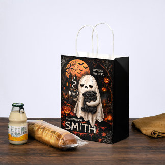 Sac Cadeau Moyen Fantôme Grincheux Tenant un Chien Pug Noir Meh Hal