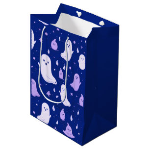 Sac Cadeau Moyen Fantômes blancs et violets Étoiles Bleu Halloween