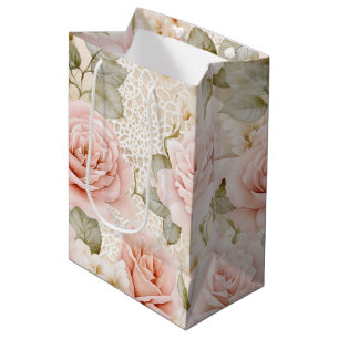 Sac Cadeau Moyen Fard à joues crème Roses roses florales Mariage