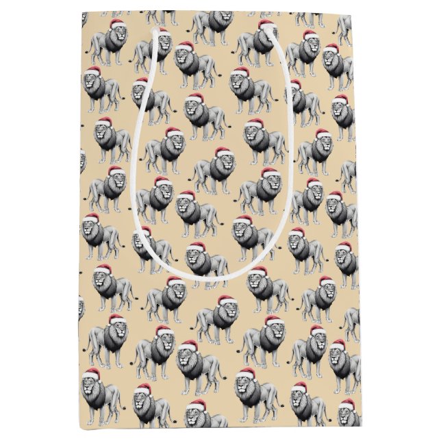 Sac Cadeau Moyen Faune Safari Animal Lion Santa Hat Noël (Devant)