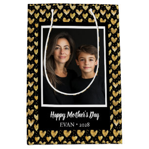 Sac Cadeau Moyen Faux foncé Golden Foil Coeurs Fête des mères