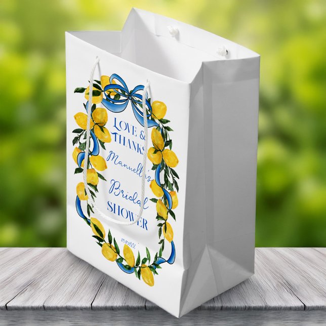 Sac Cadeau Moyen Favori de douche de mariée ruban bleu citrine (Lemons blue bow ribbon Italian bridal shower favors personalized gift bag)