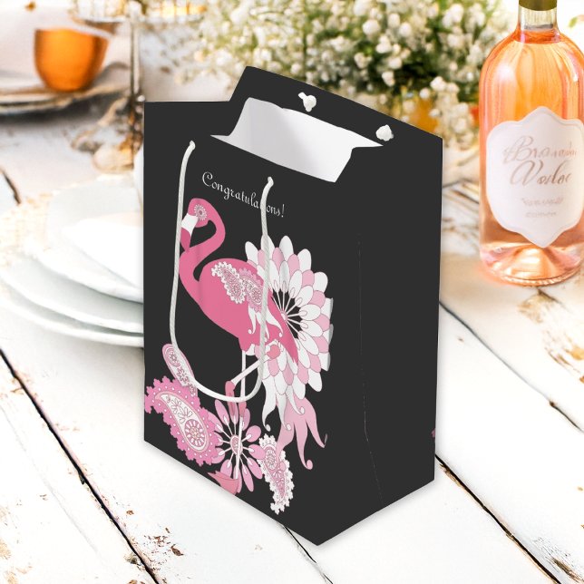 Sac Cadeau Moyen Félicitation ! Flamant rose rose Paisley noir (Créateur téléchargé)