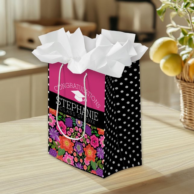 Sac Cadeau Moyen Félicitations Diplômée Fleurs Filles Diplômée (Custom Gift Bag)