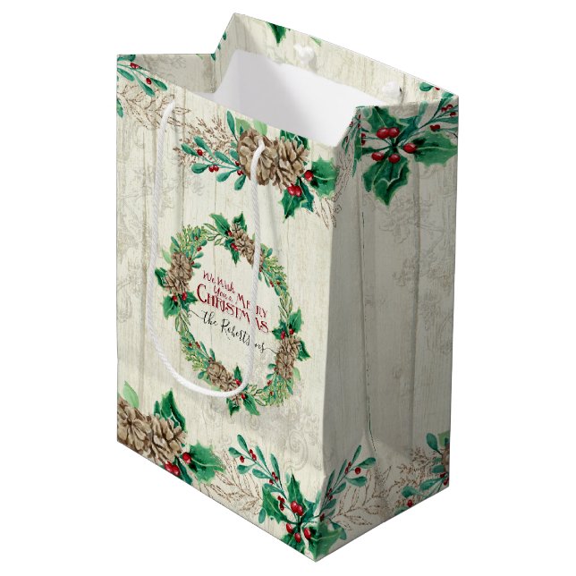 Sac Cadeau Moyen Ferme Famille Joyeux Noël Pine Cone Wreath (Devant Angle)