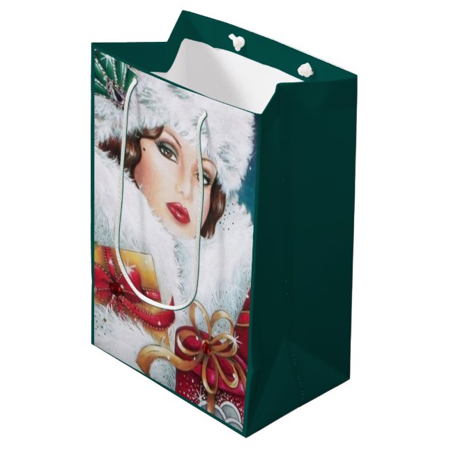 Sac Cadeau Moyen Festif art déco rétro dame de Noël (Devant Angle)