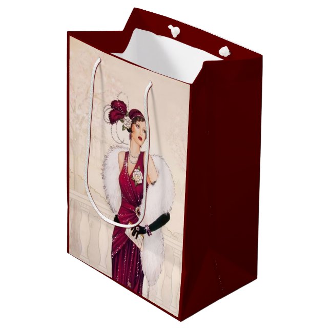 Sac Cadeau Moyen Festif art déco rétro dame de Noël (Devant Angle)