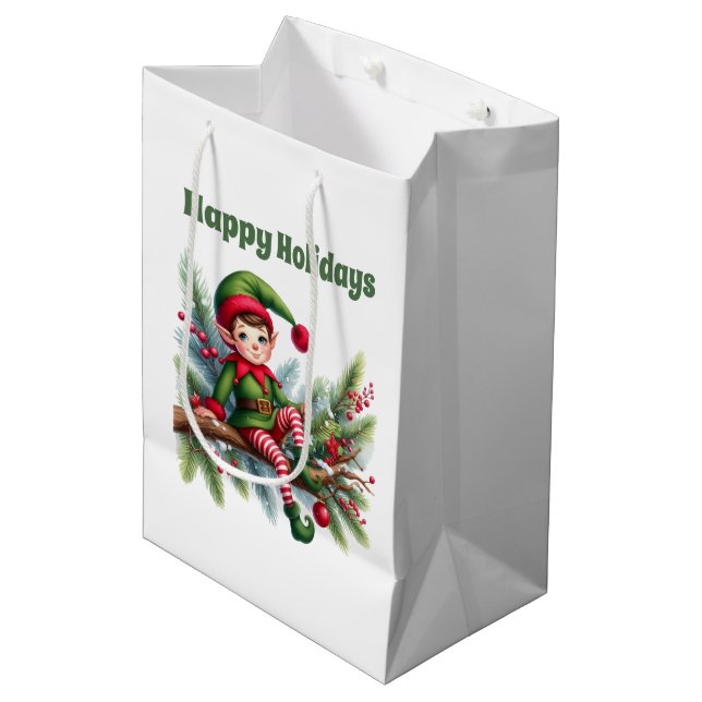 Sac Cadeau Moyen Festif elf de Noël ajouter du texte (Devant Angle)