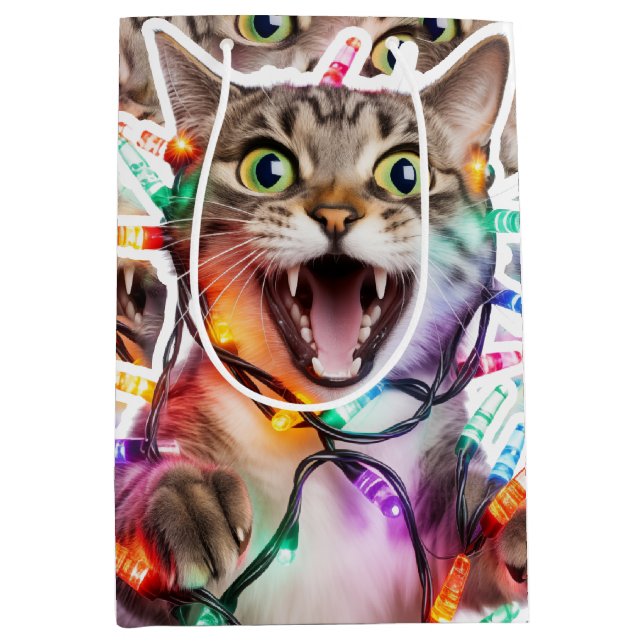 Sac Cadeau Moyen Festive Cat Gift Bag with Holiday Lights (Devant)