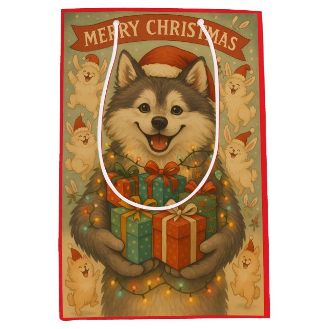 Sac Cadeau Moyen "Festive Christmas Dog" (Devant)
