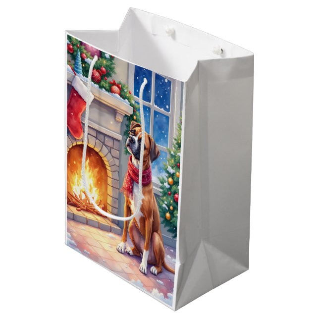 Sac Cadeau Moyen Festive Fireplace Boxer Christmas Art (Devant Angle)