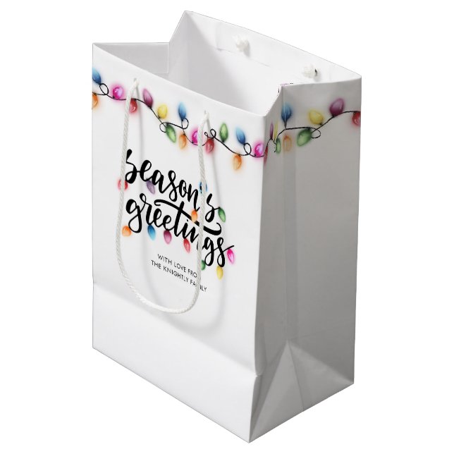 Sac Cadeau Moyen Festive Noël Lumières Nom Joyeuses Fêtes (Devant Angle)