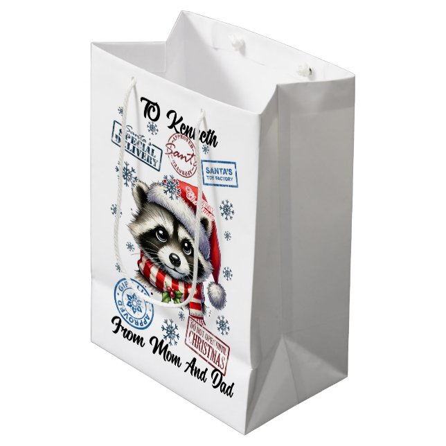 Sac Cadeau Moyen Festive Raccoon With Holiday Stickers (Devant Angle)