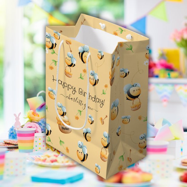 Sac Cadeau Moyen Fête à thème des abeilles Joyeux anniversaire Nom  (Créateur téléchargé)