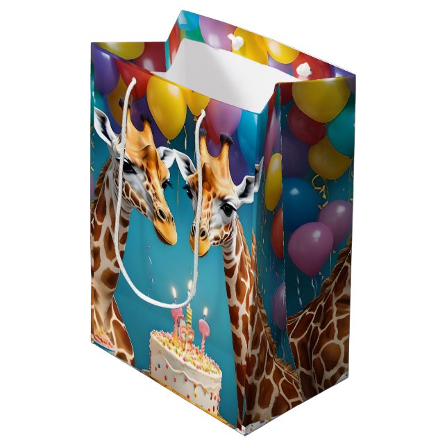 Sac Cadeau Moyen Fête D'Anniversaire De Giraffe Avec Gâteau De Ball (Devant Angle)