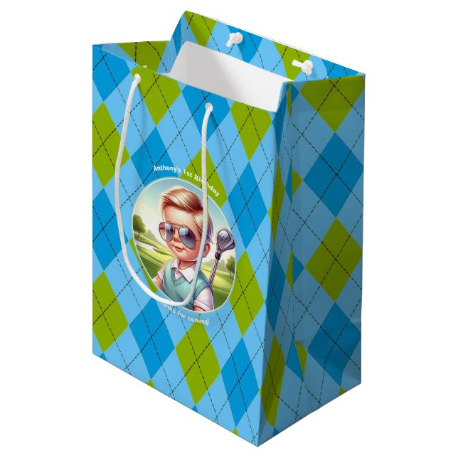 Sac Cadeau Moyen Fête d'anniversaire de Golf Boy Argyle (Devant Angle)