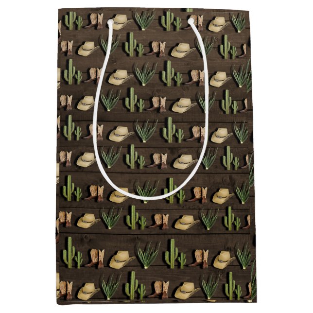 Sac Cadeau Moyen Fête d'anniversaire Western Cowboy rustique en boi (Devant)