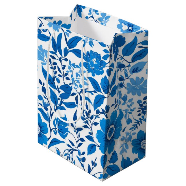 Sac Cadeau Moyen Fête de fleurs de chinoiserie Blue White moderne (Dos Angle)