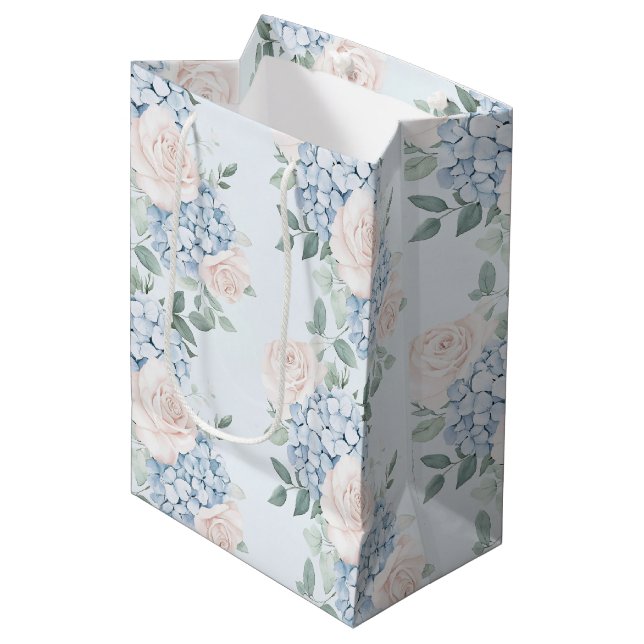 Sac Cadeau Moyen Fête de mariage avec des fleurs roses et bleues ro (Devant Angle)