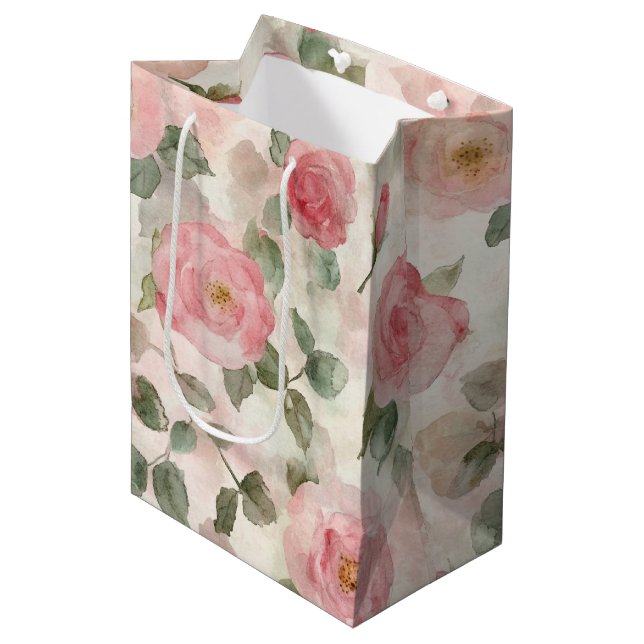Sac Cadeau Moyen Fête de mariage floral de roses roses romantiques (Devant Angle)