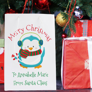 Sac Cadeau Moyen Fête de Noël mignonne de pingouin personnalisée po