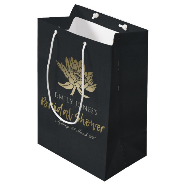 Sac Cadeau Moyen Fête des mariées FLORALE GLAMOREUSE OR NOIR LOTUS (Devant Angle)