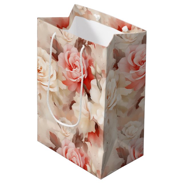 Sac Cadeau Moyen Fête des mariées florale Rose à la crème rose pâle (Devant Angle)